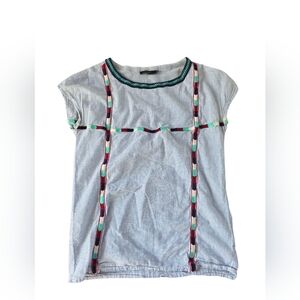 THML Seersucker Cap Sleeve T-Shirt With Embroidered Boho Detail Sizs XS